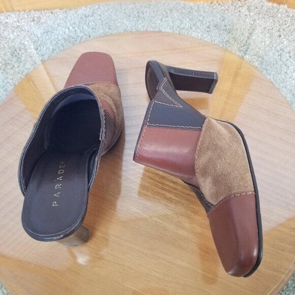 Vintage Patchwork Size 7 Clogs Mules Shoes Brown Black Leather Suede - Picture 11 of 11